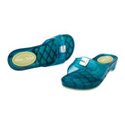 Pair of teal jelly sandals on a white background